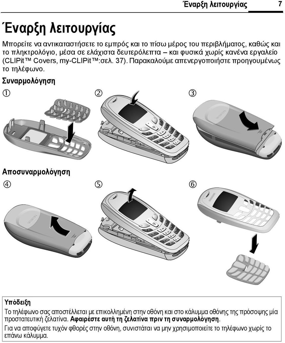 Συναρµολόγηση 1 2 3 Αποσυναρµολόγηση 4 5 6 Υπόδειξη Το τηλέφωνο σας αποστέλλεται µε επικολληµένη στην οθόνη και στο κάλυµµα οθόνης της πρόσοψης µία