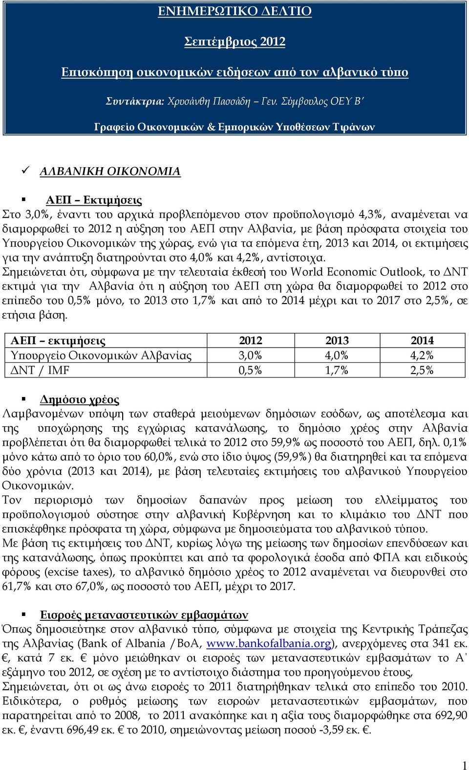 η αύξηση του ΑΕΠ στην Αλβανία, με βάση πρόσφατα στοιχεία του Τπουργείου Οικονομικών της χώρας, ενώ για τα επόμενα έτη, 2013 και 2014, οι εκτιμήσεις για την ανάπτυξη διατηρούνται στο 4,0% και 4,2%,