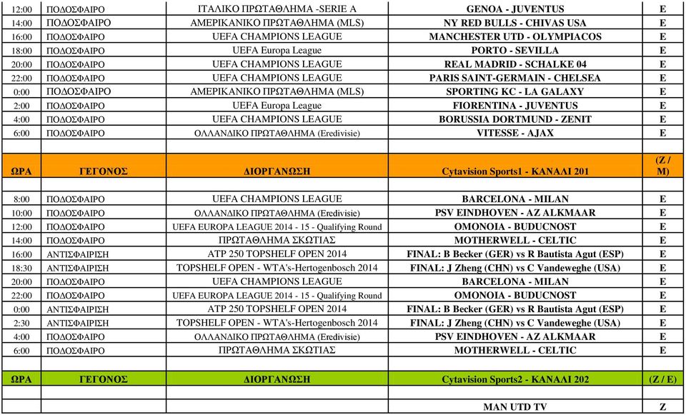 CHELSEA E 0:00 ΠΟΔΟΣΦΑΙΡΟ ΑΜΕΡΙΚΑΝΙΚΟ ΠΡΩΤΑΘΛΗΜΑ (MLS) SPORTING KC - LA GALAXY E 2:00 ΠΟΔΟΣΦΑΙΡΟ UEFA Europa League FIORENTINA - JUVENTUS E 4:00 ΠΟΔΟΣΦΑΙΡΟ UEFA CHAMPIONS LEAGUE BORUSSIA DORTMUND -