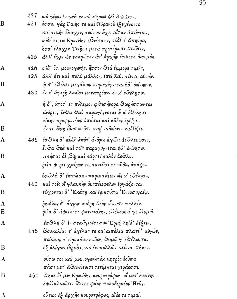 Α 426 ού&' οτι μουνογενης, ητιχον &εα εμμο^ε τιμν\ς, 42S αλλ' ετι και πολύ μάλλον, επει Ζευς τίεται αύτψ. Β ώ ε^έλει μεγάλως πα^αγίγνεται ys' ονίνηνιν, 430 εν τ άγοξγ λαοίτι μεταπ^έπει ον κ ε^ελγτιν.
