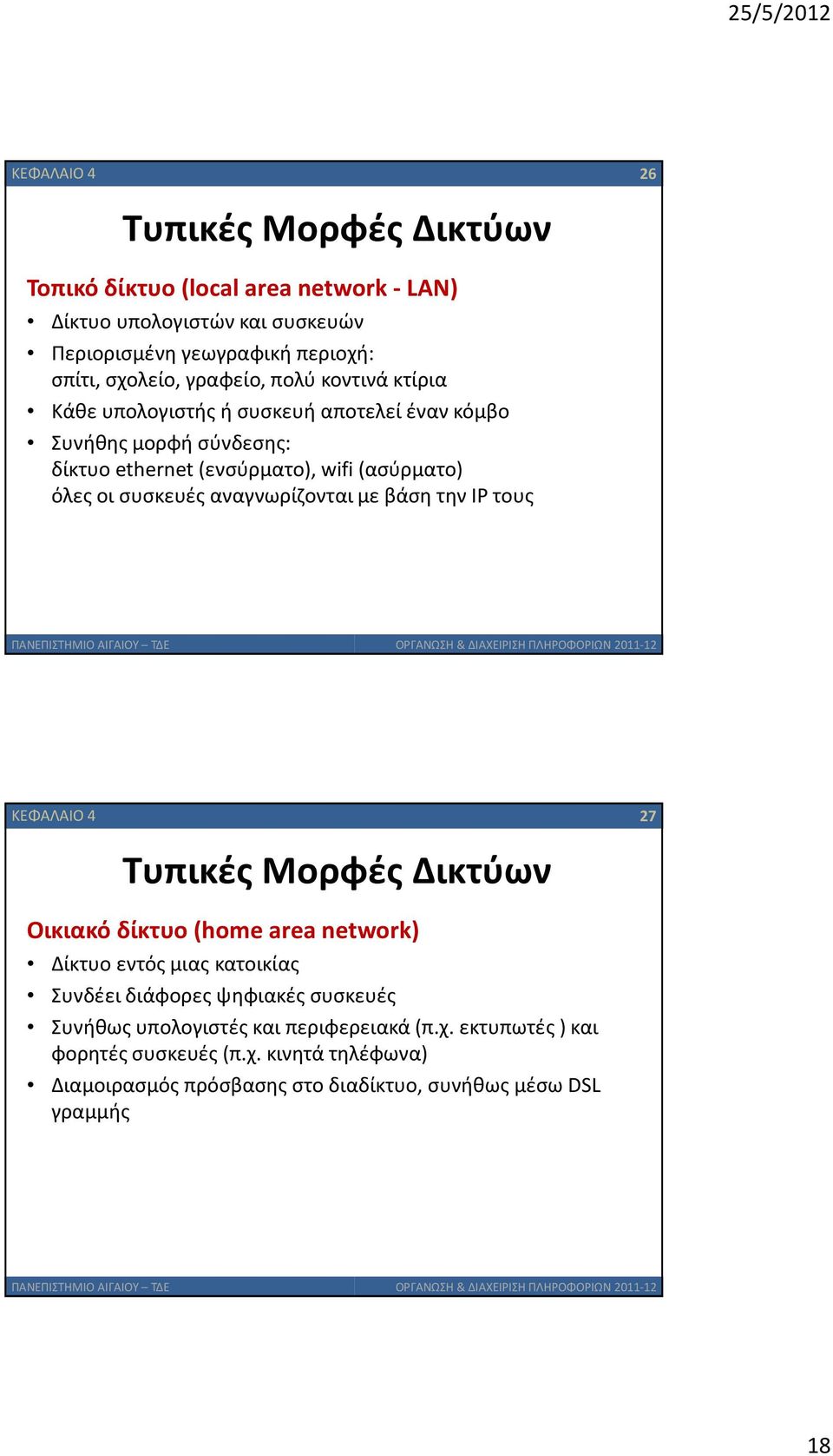 αναγνωρίζονται με βάση την IP τους ΚΕΦΑΛΑΙΟ 4 27 Τυπικές Μορφές Δικτύων Οικιακό δίκτυο (home area network) Δίκτυο εντός μιας κατοικίας Συνδέει διάφορες ψηφιακές