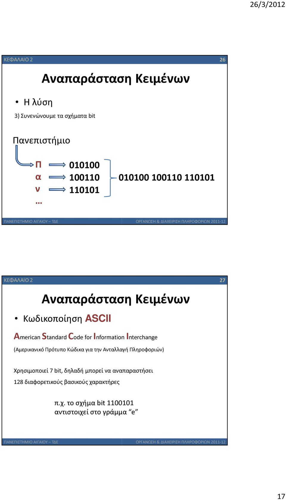 Information Interchange (Αμερικανικό Πρότυπο Κώδικα για την Ανταλλαγή Πληροφοριών) Χρησιμοποιεί 7 bit, δηλαδή