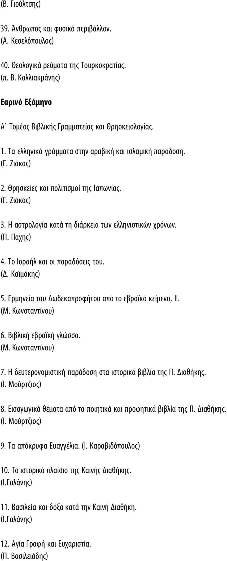 Το Ισραήλ και οι παραδόσεις του. (Δ. Καϊμάκης) 5. Ερμηνεία του Δωδεκαπροφήτου από το εβραϊκό κείμενο, II. (Μ. Κωνσταντίνου) 6. Βιβλική εβραϊκή γλώσσα. (Μ. Κωνσταντίνου) 7.