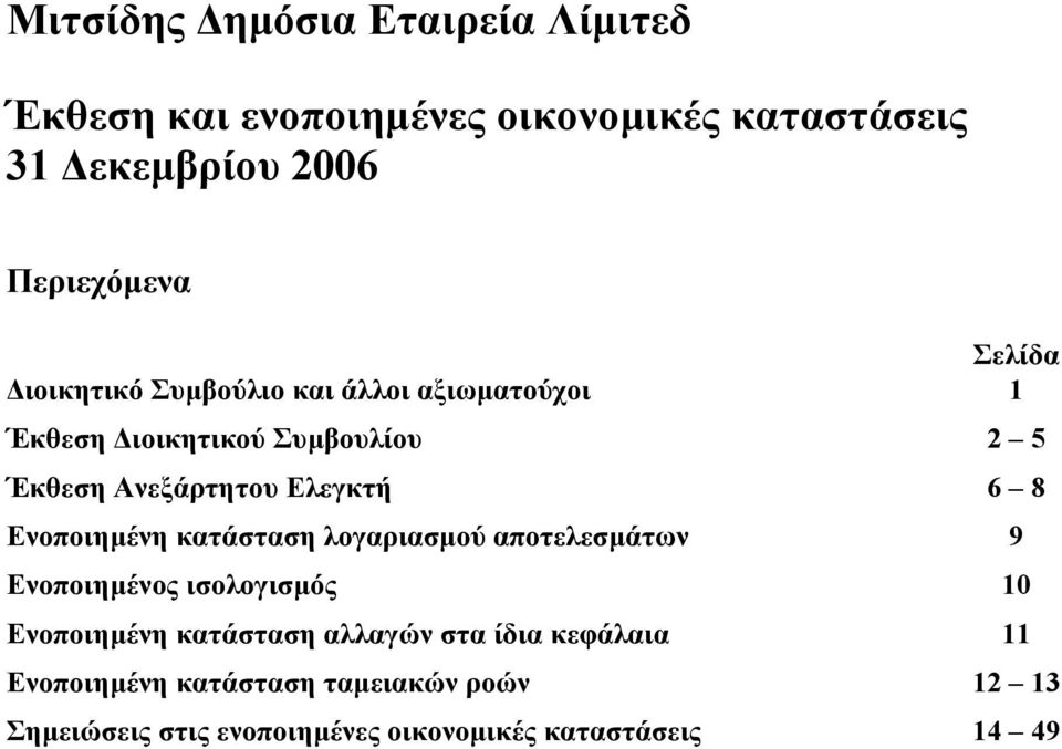 κατάσταση λογαριασµού αποτελεσµάτων 9 Ενοποιηµένος ισολογισµός 10 Ενοποιηµένη κατάσταση αλλαγών στα ίδια