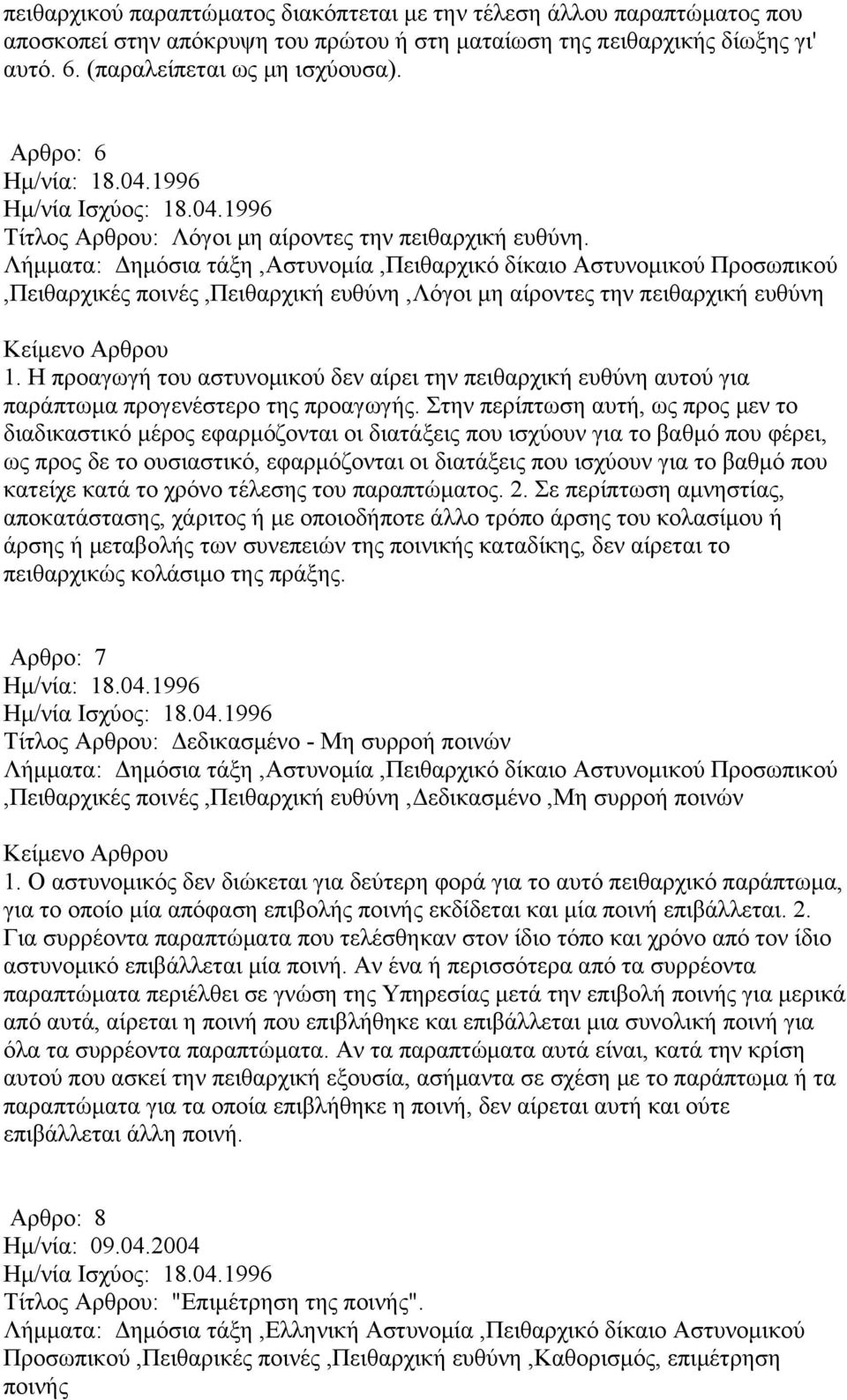 Λήμματα: Δημόσια τάξη,αστυνομία,πειθαρχικό δίκαιο Αστυνομικού Προσωπικού,Πειθαρχικές ποινές,πειθαρχική ευθύνη,λόγοι μη αίροντες την πειθαρχική ευθύνη 1.