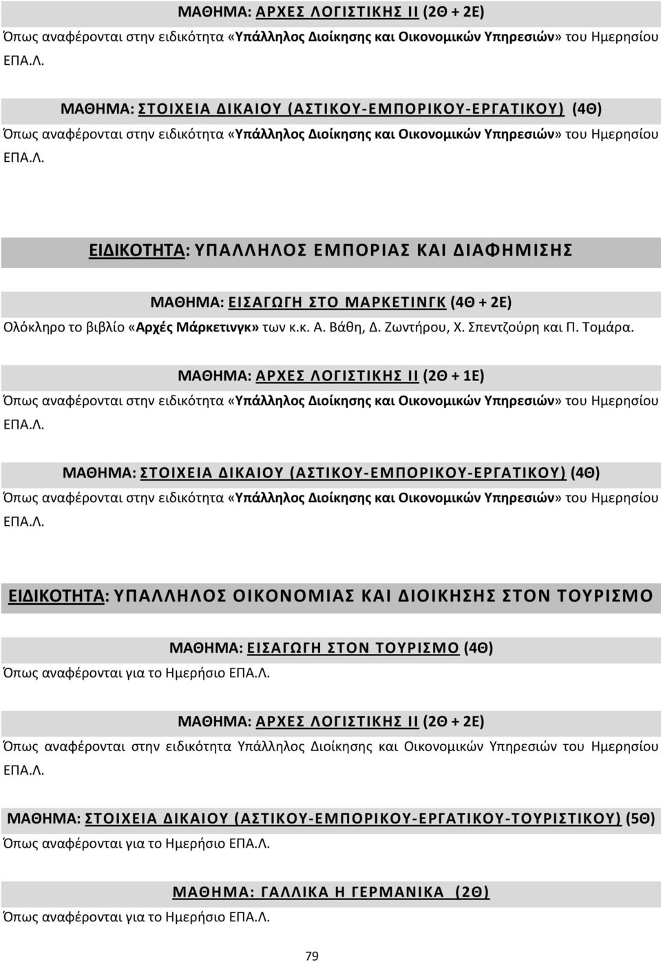 ΜΑΘΗΜΑ: ΑΡΧΕΣ ΛΟΓΙΣΤΙΚΗΣ ΙΙ (2Θ + 1Ε) ΜΑΘΗΜΑ: ΣΤΟΙΧΕΙΑ ΔΙΚΑΙΟΥ (ΑΣΤΙΚΟΥ-ΕΜΠΟΡΙΚΟΥ-ΕΡΓΑΤΙΚΟΥ) (4Θ) ΕΙΔΙΚΟΤΗΤΑ: ΥΠΑΛΛΗΛΟΣ ΟΙΚΟΝΟΜΙΑΣ ΚΑΙ ΔΙΟΙΚΗΣΗΣ ΣΤΟΝ ΤΟΥΡΙΣΜΟ Όπως αναφέρονται για το Ημερήσιο ΜΑΘΗΜΑ: