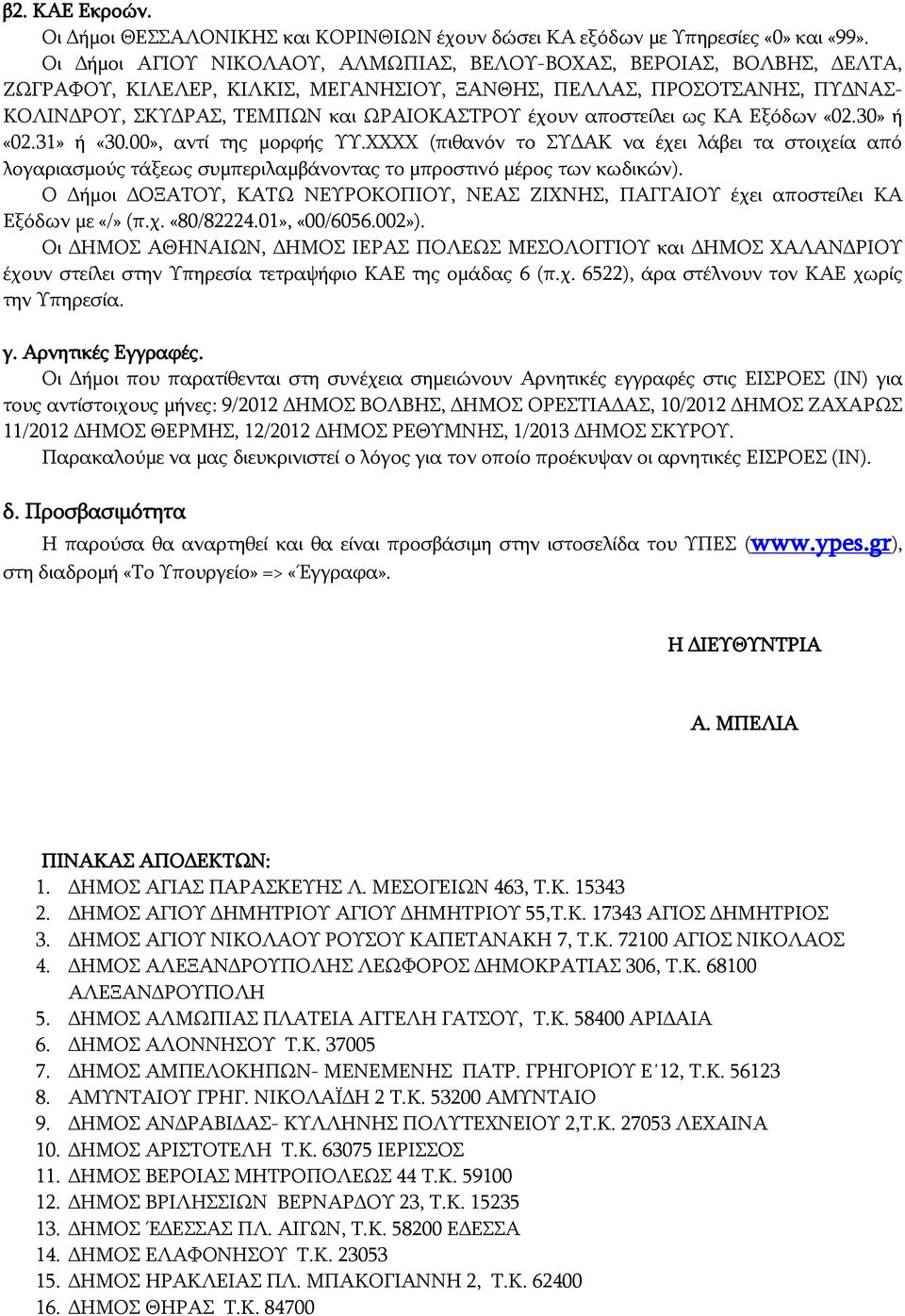 αποστείλει ως ΚΑ Εξόδων «02.30» ή «02.31» ή «30.00», αντί της μορφής ΥΥ.ΧΧΧΧ (πιθανόν το ΣΥΔΑΚ να έχει λάβει τα στοιχεία από λογαριασμούς τάξεως συμπεριλαμβάνοντας το μπροστινό μέρος των κωδικών).