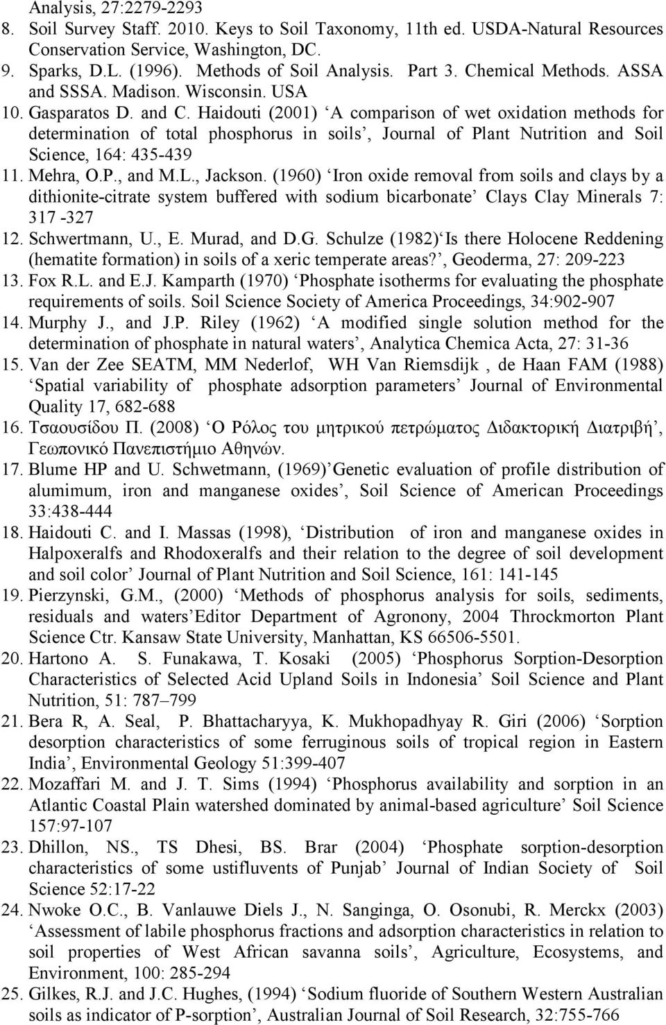 Haidouti (2001) A comparison of wet oxidation methods for determination of total phosphorus in soils, Journal of Plant Nutrition and Soil Science, 164: 435-439 11. Mehra, O.P., and M.L., Jackson.