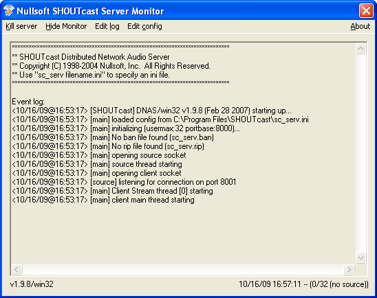 SHOUTcast Radio DNAS: Οδηγίες Χρήσης Για να εκκινήσετε τον εξυπηρετητή από το µενού Έναρξης (start) επιλέξτε Προγράµµατα (All Programs) και στη συνέχεια SHOUTcast