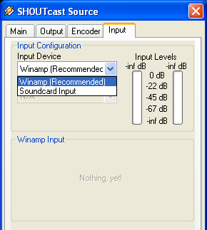 Οδηγίες Χρήσης Winamp για Μετάδοση Ραδιοφωνικής Εκποµπής : Βήµα 6 Βήµα 6. Από την κατηγορία Input µπορείτε να επιλέξετε εάν η είσοδος θα είναι ότι αναπαράγει η εφαρµογή Winamp ή η κάρτα ήχου σας.