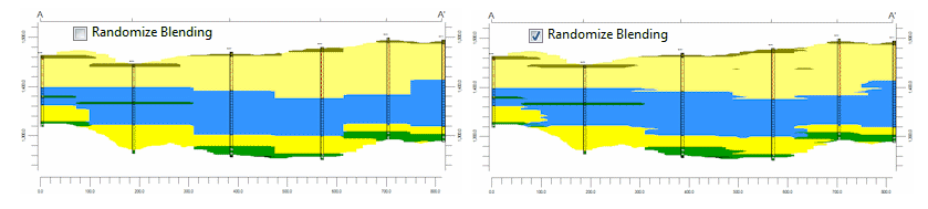 Randomize Blending: η εντολή αυτή ελαχιστοποιεί τις ασυνέχειες. Αν επιλεγεί η μέγιστη ακτίνα αναζήτησης γύρω από τις γεωτρήσεις θα διαφέρει ελαφρώς από το βάθος.
