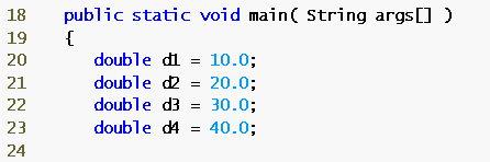 25 System.out.printf( "d1 = %.1f\nd2 = %.1f\nd3 = %.1f\nd4 = %.1f\n\n", 26 d1, d2, d3, d4 ); 27 28 System.out.printf( "Average of d1 and d2 is %.1f\n", 29 average( d1, d2 ) ); 30 System.out.printf( "Average of d1, d2 and d3 is %.