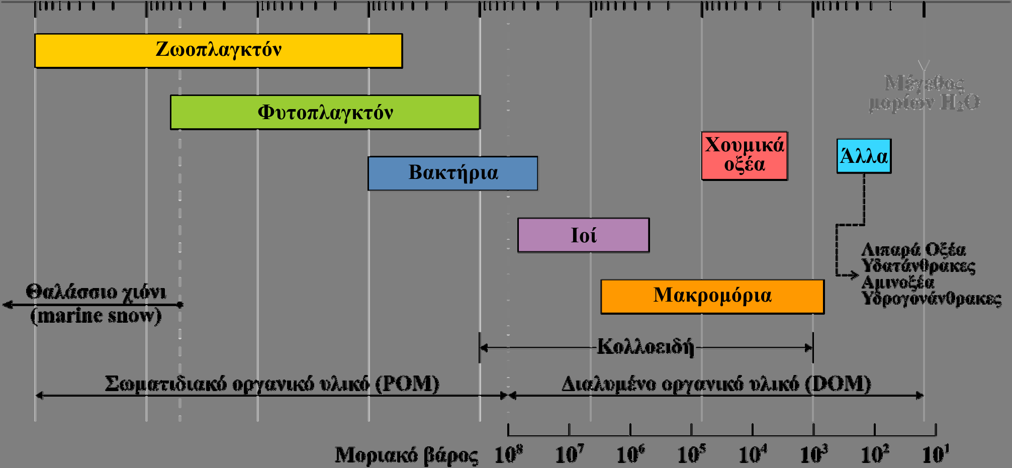 Σχήμα 3.5 Κατανομή μεγεθών σωματιδιακού και διαλυμένου οργανικού υλικού στο θαλάσσιο περιβάλλον. 3.2.