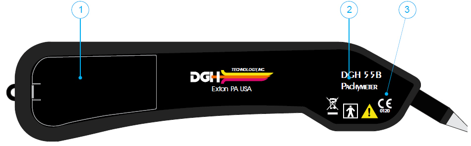 6.2 Πίσω όψη Σχ. 6.2.1 Η πίσω όψη της DGH 55B (Pachmate 2) 1 Θήκη μπαταρίας Μια ετικέτα στη θήκη της μπαταρίας θα δείξει τη σωστή ευθυγράμμιση της μπαταρίας.