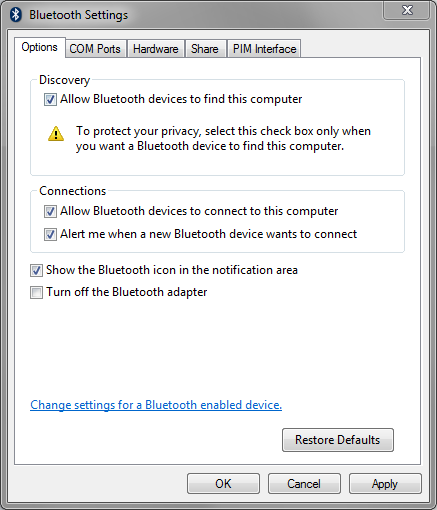 Επιλέξτε το πλαίσιο Show the Bluetooth icon in the notification area.