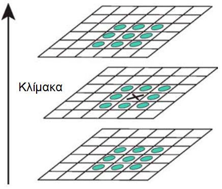 Εικ. 3.2: Ανίχνευση τοπικών ακρότατων, το pixel που είναι σημαδεμένο με x συγκρίνεται με τα 26 γειτονικά σε μία 3x3x3 γειτονιά που εκτείνεται σε παρακείμενες DoG εικόνες [22] 3.