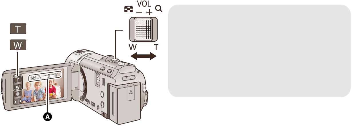 Basic (De bază) Utilizarea funcţiei de transfocare (zoom) Transfocator / Pictograme butoane de transfocare Partea T: Înregistrare cu apropierea subiectului (zoom in) Partea W: Înregistrare cu unghi
