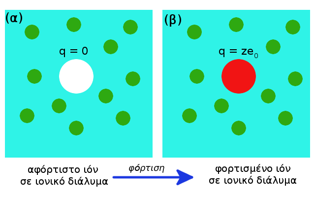 Σχήμα 2: (α) Ενα αφόρτιστο ιόν (λευκό) μέσα στο ηλεκτρολυτικό διάλυμα και (β) το ιόν μετά από πλήρη φόρτιση (κόκκινο) με φορτίο z k e.