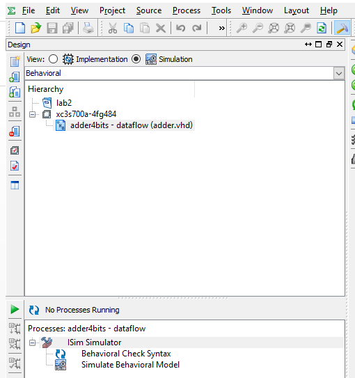 8. Εξομοίωση του κυκλώματος μέσω του εργαλείου ISIM του Xilinx ISE: Για να γίνει εξομοίωση του σχεδιασμού μέσω του εργαλείου ISIM μπορεί κανείς να αλλάξει στο tab Design το view σε Simulation αντί