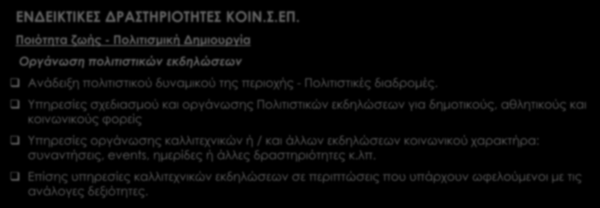 Ενίσχυση της κοινωνικής οικονομίας ΕΝΔΕΙΚΤΙΚΕΣ ΔΡΑΣΤΗΡΙΟΤΗΤΕΣ ΚΟΙΝ.Σ.ΕΠ.