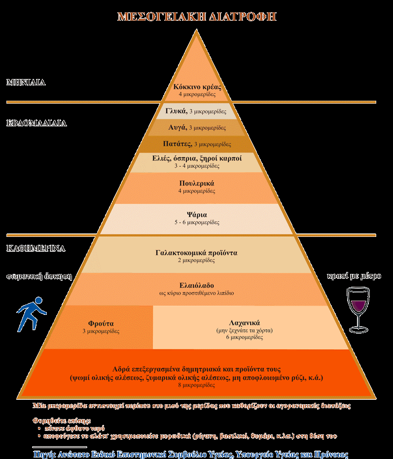 Φαίνεται ότι, στη βάση της πυραμίδας βρίσκονται τα τρόφιμα που πρέπει να παρέχουν την υψηλότερη ενεργειακή πρόσληψη, και στα ανώτερα επίπεδα τα τρόφιμα που πρέπει να καταναλώνονται σε μέτριες