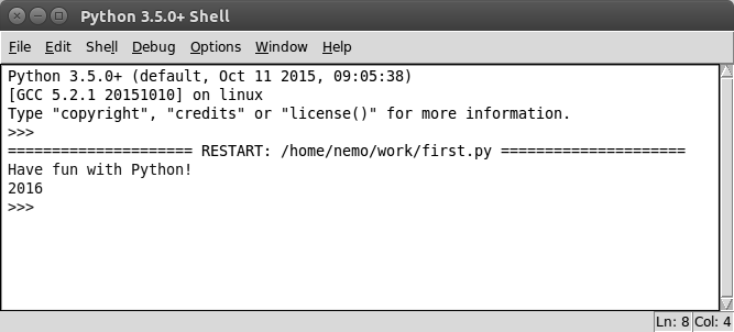 Εισαγωγή στη Python 19 Πριν εκτελέσουμε το πρόγραμμα πρέπει πρώτα να αποθηκεύσουμε τον κώδικα σ ένα αρχείο με επέκταση.py.