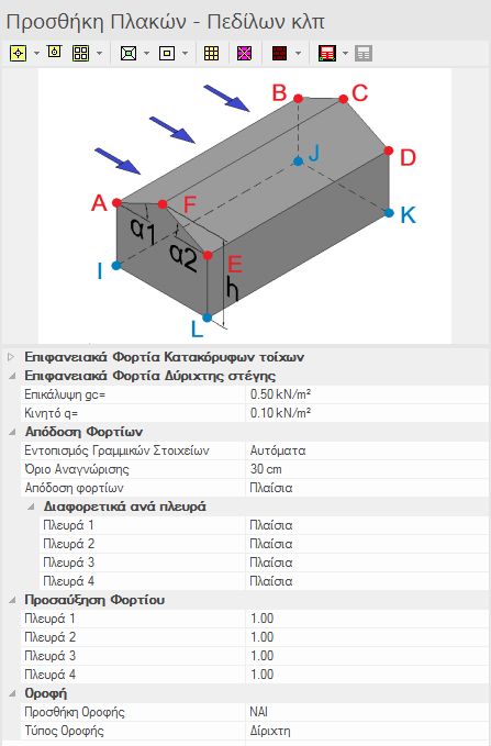 4 Φορτία 4 Εισαγωγή στέγης και κατακόρυφων τοίχων Στη συνέχεια προχωράμε με την εισαγωγή της δίριχτης στέγης και των κατακόρυφων τοίχων. Από το φύλλο Επιφάνειες Φόρτισης Στέγες Τοίχοι (Εικ. 4.9) επιλέγουμε το πλήκτρο [Κατακόρυφοι Τοίχοι με ή χωρίς Στέγη].