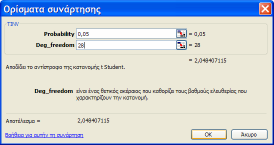 33 Εικόνα Β13: Το πλαίσιο διαλόγου Ορίσµατα συνάρτησης της TINV Στο πεδίο Probability εισάγουµε το επιθυµητό επίπεδο σηµαντικότητας του ελέγχου (ΠΡΟΣΟΧΗ!