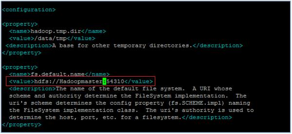 To core - site.xml στην αρχή, τροποποιείται μέσω της εντολής vi core-site.xml όπως φαίνεται στην Εικόνα 3.11. Η τιμή του <value> τροποποιείται σε hdfs://hadoopmaster:54310 Εικόνα 3.