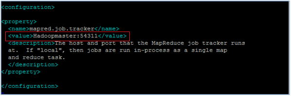 Κατόπιν, τροποποιείται το αρχείο mapred-site.xml. Τοποθετείται ο jobtracker του Master καθώς και το port του. Εκ νέου, με την εντολή vi mapred-site.