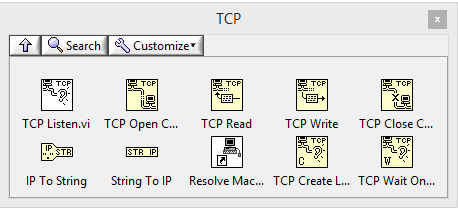 Σχήμα 3.24: TCP palette Εικονίδιο ονομασία Επεξήγηση TCP Listen.vi Δημιουργεί έναν listener και περιμένει μια αποδεκτή σύνδεση δικτύου TCP στην προκαθορισμένη θύρα.