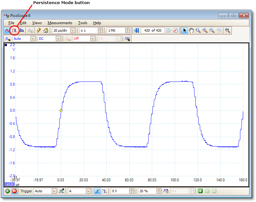 Manual de utilizare PicoScope 6 8.7 163 Cum să găsiţi o distorsiune utilizând modul de persistenţă Modul de persistenţă vă ajută să găsiţi evenimente rare ascunse în formele de undă repetitive.