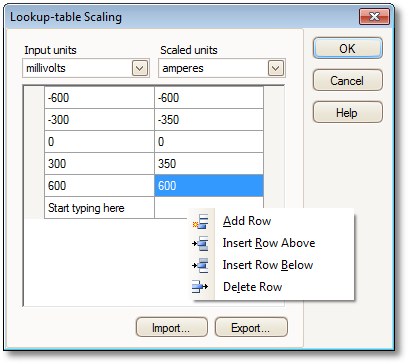 Manual de utilizare PicoScope 6 6.5.1.1.4.1 63 Caseta de dialog Scalare tabel de căutare Locaţie: Scop: Caseta de dialog Metoda de scalare > Creare un tabel de căutare sau Editare un tabel de căutare.