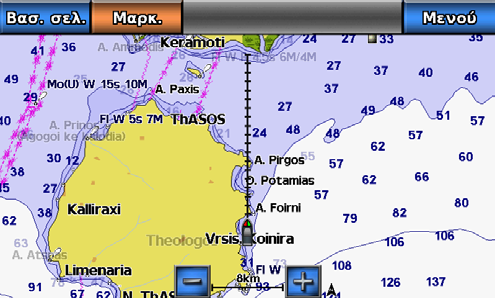 Χάρτες και προβολές 3D χαρτών Εμφάνιση και διαμόρφωση της γραμμής κατεύθυνσης Η γραμμή κατεύθυνσης είναι μια προέκταση στο χάρτη από την πλώρη του σκάφους προς την κατεύθυνση του ταξιδιού.