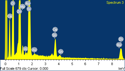 03 Σχήμα 55: Εικόνα από στοιχειακή ανάλυση EDX, δείγματος ΖnO:Au (2h+1min) Το δείγμα που μελετήθηκε ήταν αυτό που έγινε με δύο ώρες εναπόθεση ψευδαργύρου σε ατμόσφαιρα οξυγόνου και ένα λεπτό