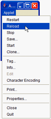 Μενού Applet στον appletviewer Reload the applet to