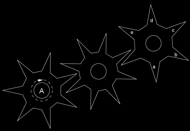 24. Cogwheel A turns round completely once. At which place is now?