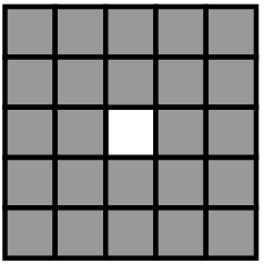 21. The central cell of the square was removed. We cut it into equal pieces. Which piece is not possible to get? Αφαιρείται το κεντρικό τετράγωνο. Κόβουμε το σχήμα σε ίσα κομμάτια.
