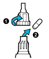 6. Τοποθετήστε αμέσως το καψάκιο στο θάλαμο της συσκευής εισπνοών (1). Τοποθετήστε ξανά το επιστόμιο. Βιδώστε σταθερά το επιστόμιο μέχρι να σταματήσει. Μην σφίγγετε υπερβολικά (2). 7.