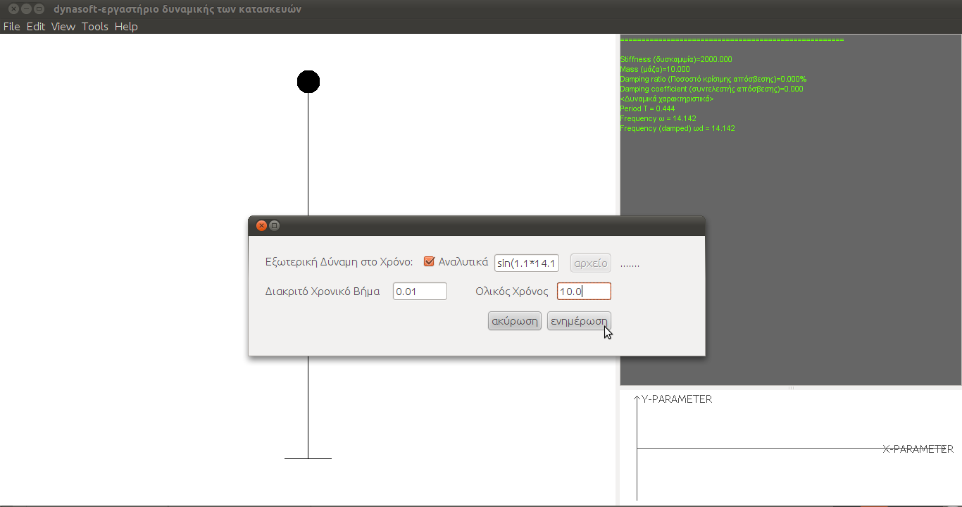 Σχήμα 13-3: Εικόνα προγράμματος αφού έχουμε εισάγει τον μονοβάθμιο ταλαντωτή Σχήμα 13-4: Πλαίσιο διαλόγου εισαγωγής φόρτισης για τον μονοβάθμιο ταλαντωτή Όσον αφορά στον καθορισμό του φορτίου, θα