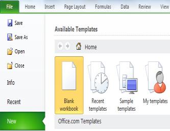 Δημιουργία νέου κενού βιβλίου εργασίας (Blank workbook) (1) Από την καρτέλα File επιλέγουμε την εντολή New και από την περιοχή Available Templates, το εικονίδιο Blank workbook και μετά κλικ στο