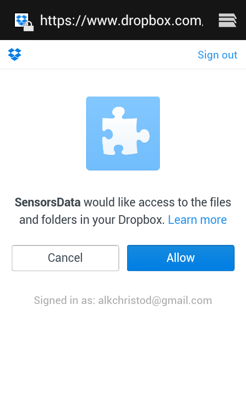 Εικόνες 29: Άδεια πρόσβασης στο Dropbox Σε περίπτωση που δεν επιτραπεί στην εφαρμογή να έχει πρόσβαση στο Dropbox του χρήστη εμφανίζεται αντίστοιχο μήνυμα στην οθόνη και δεν επιτρέπεται η μεταφόρτωση
