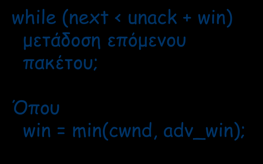 cwnd = cwnd + 1/[cwnd]; Εκπνοή χρόνου: /* Πολλαπλασιαστική μείωση */ ssthresh = cwnd/2; cwnd = 1;