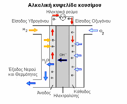 Σχήμα 2.7.:Τυπική λειτουργία μια κυψέλης ΑFC [13]. Άνοδος: H2 2OH 2H2O 2e (2.10) Κάθοδος: O2 2H2O 4e 4OH (2.11) Ολική Αντίδραση: H2 1 O 2 2 H2O (2.