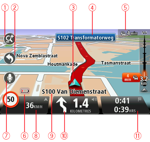 Η Προβολή οδήγησης Σχετικά με την Προβολή οδήγησης Όταν εκκινείται η συσκευή TomTom για πρώτη φορά, εμφανίζεται η Προβολή οδήγησης μαζί με αναλυτικές πληροφορίες σχετικά με την τρέχουσα θέση σας.