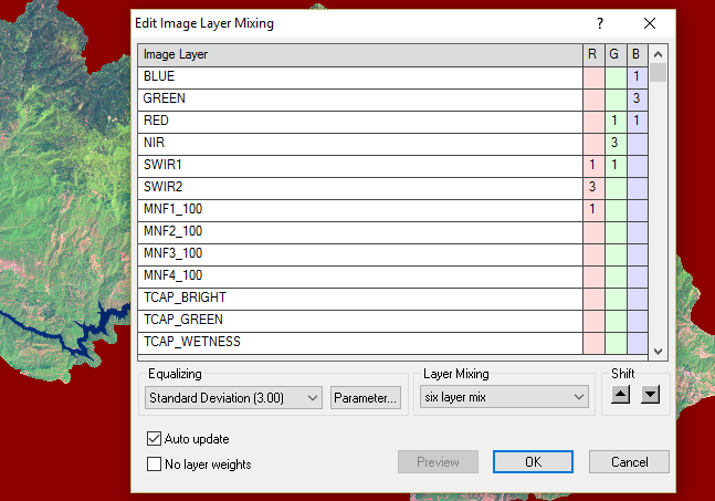 Επομένως στην εισαγωγή των image layers, θα βάλουμε: 1. Έξι ζώνες εικόνας Landsat (BLUE, GREEN, RED, NIR, SWIR1, SWIR2) 2. Τέσσερις ζώνες MNF * 100 (MNF1_100, MNF2_100, MNF3_100, MNF4_100) 3.