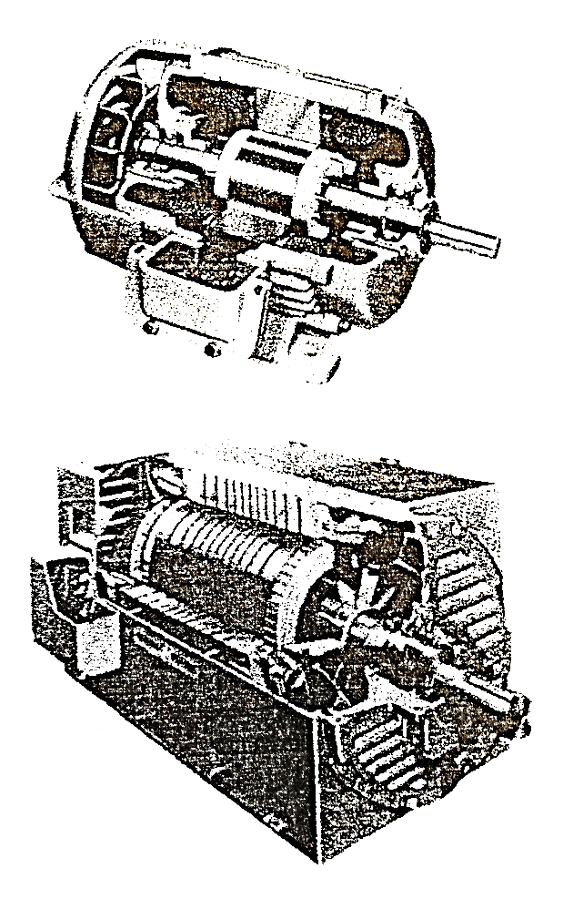Σχήμα 3(α): Ένας μικρός επαγωγικός κινητήρας βραχυκυκλωμένου κλωβού σε τομή. (Magna Tek, inc.) Σχήμα 3(β): Ένας επαγωγικός κινητήρας βραχυκυκλωμένου κλωβού μεγάλου μεγέθους Τα Σχ.