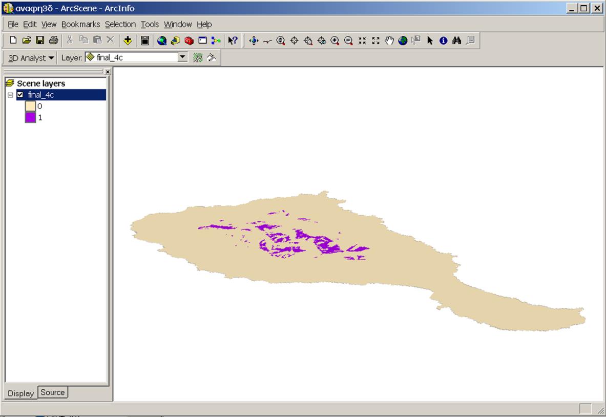 42 Πίνακας περιγραφών παραγόμενου επιπέδου. Τέλος, για την παρουσίαση του τελικού σύνθετου χάρτη με τη μορφή προοπτικού γραφήματος, χρησιμοποιείται η εφαρμογή ArcScene του λογισμικού ArcGIS.