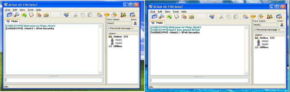 Εικόνα 9.1: Ανταλλαγή μηνύματος "IPv6 Security" μεταξύ δύο υπολογιστών μέσω Achat Χρησιμοποιώντας το Wireshark καταφέρνουμε να υποκλέψουμε το συγκεκριμένο μήνυμα.