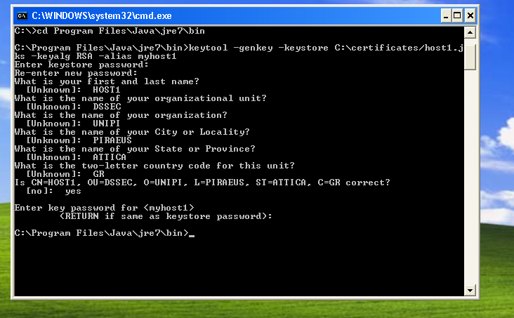 2. Δημιουργία του πιστοποιητικού (certificate.crt) από το keystore.jks. Η εντολή που χρησιμοποιούμε είναι C:\Program Files\Java\jre7\bin>keytool -export keystore C:\certificates/host1.